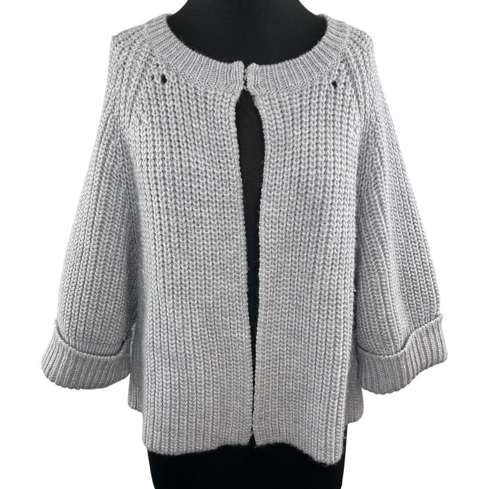 TRINA TURK Light Grey Thick Chunky Knit Ribbed Wool Blend Cardigan Sweater L